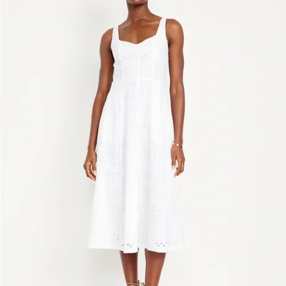 NWT Old Navy Fit & Flare White Eyelet Midi Dress Sz Med Boho Cottagecore